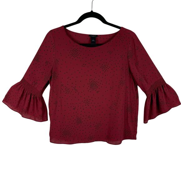 Ann Taylor Red Black Patterned Round Neck 3/4 Bell Sleeve Lightweight Blouse S - Picture 1 of 6